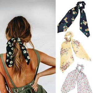 Set-of-3 Bohemian Wildflower Knotted Ribbon Scrunchies